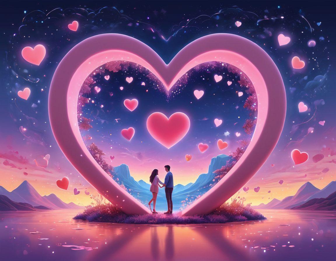 A whimsical digital landscape featuring a glowing heart-shaped portal surrounded by floating hearts and emojis. Alongside, a couple is seen embracing with virtual elements like chat bubbles and video call icons, symbolizing online romance. Soft pastel colors dominate the scene to evoke warmth and affection, with twinkling stars above adding a touch of magic. vector art. vibrant colors.