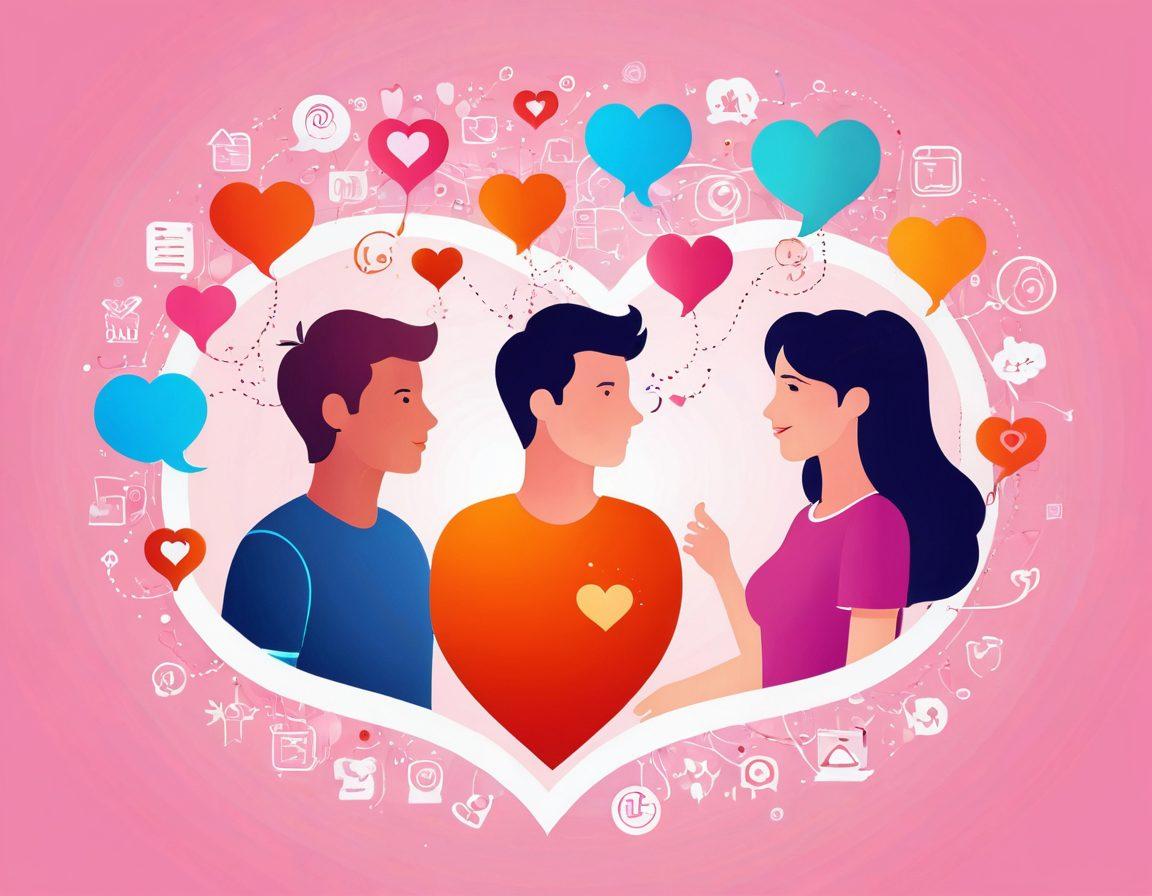 A whimsical illustration of two people connected by a glowing digital heart, surrounded by various accessible website icons, like chat bubbles and love symbols, set against a soft, pastel-colored backdrop. The scene should evoke a sense of warmth and connection in the digital world, with elements of love represented through vibrant colors and playful design. vector art. vibrant colors.
