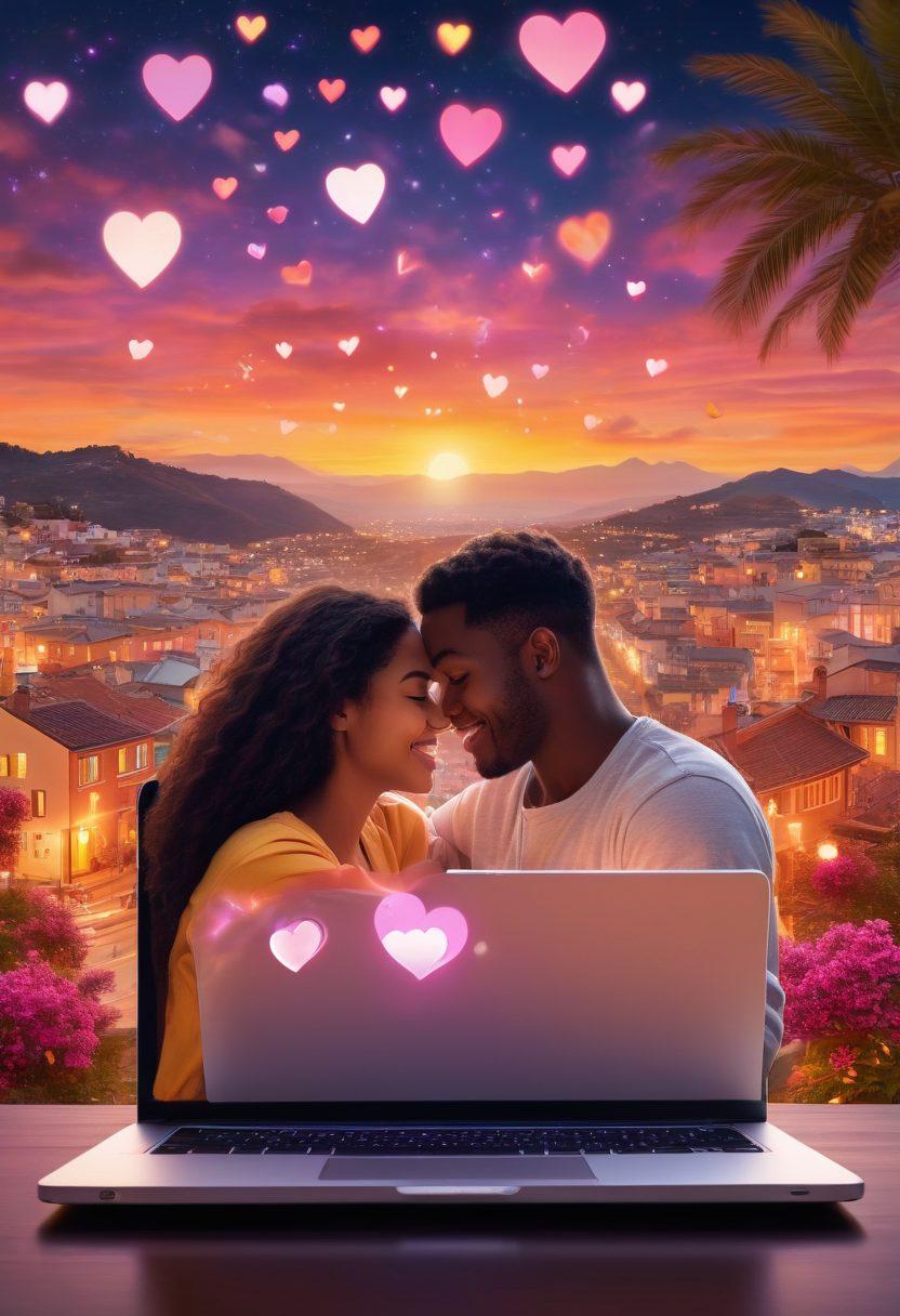 A digital collage depicting a diverse couple connecting through a glowing laptop screen, surrounded by hearts and romantic emojis. The background features a dreamy landscape of cities at night and symbols of love from different cultures. Warm light emanates from the screen, illuminating their happy expressions. Soft pastel colors blend harmoniously, evoking a sense of warmth and connection. vibrant colors. modern digital art.